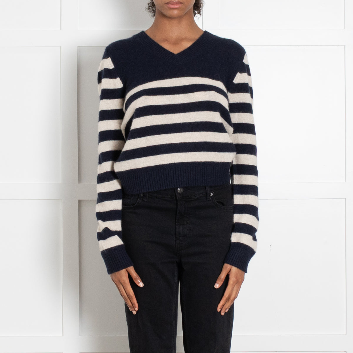 Jumper 1234 Navy Blue Cream Stripe Cashmere V Neck Jumper