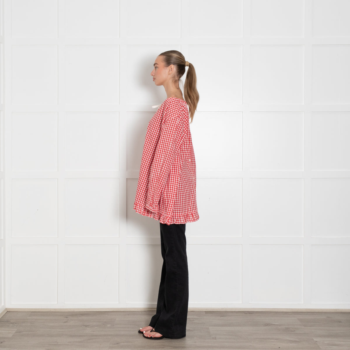 Comme des Garcons Girl Red & White Gingham L/Slv Oversized Top With Frill Hem & Button Back