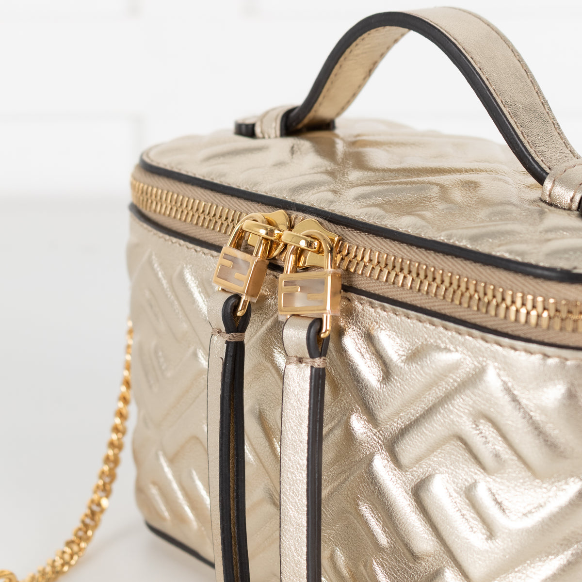 Fendi Platinum Soft Gold FF Leather Mini Vanity Bag