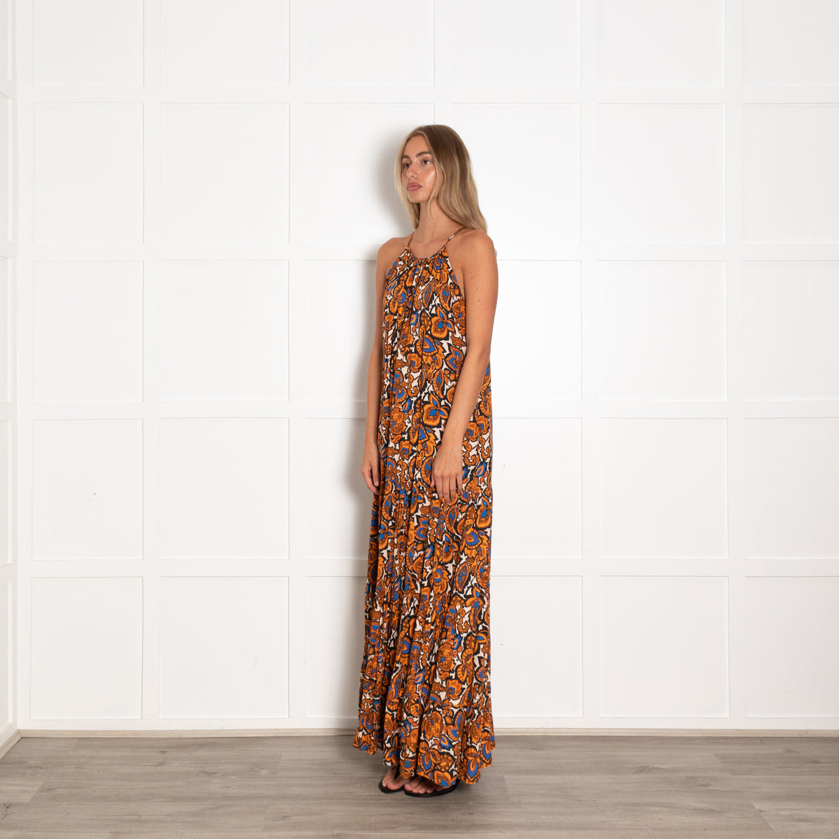Baukjen Orange and Blue Floral Motif Halter Dress