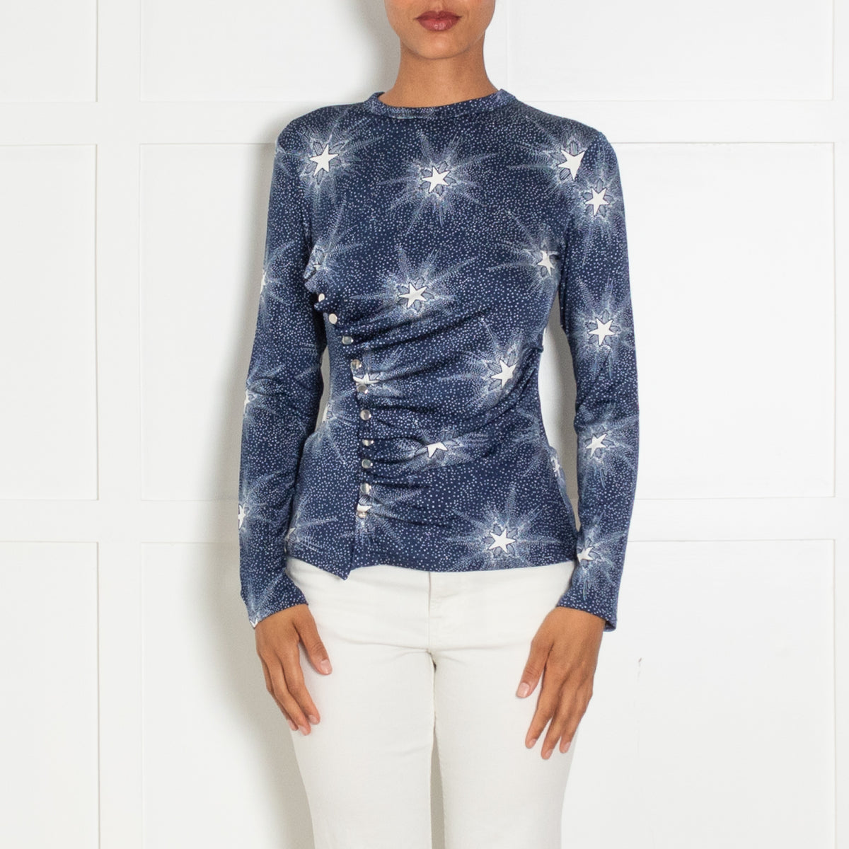 Paco Rabanne Blue White Star Print Ruched Top