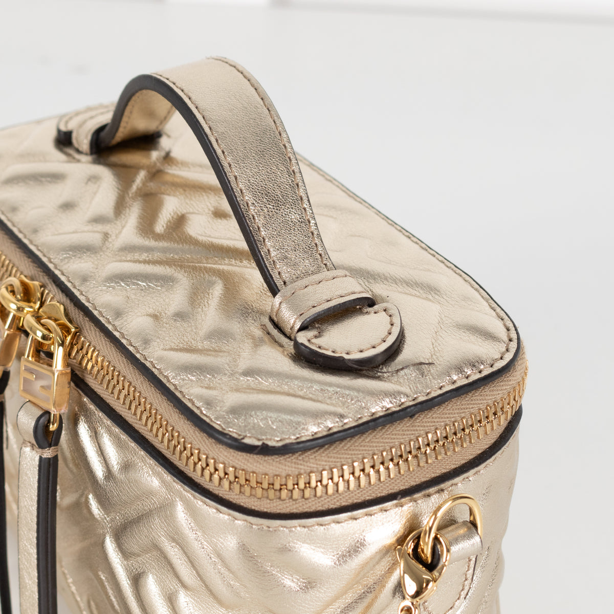 Fendi Platinum Soft Gold FF Leather Mini Vanity Bag