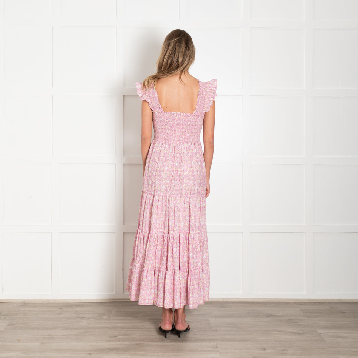 Rixo Pink Floral Smocked Tiered Cotton Dress