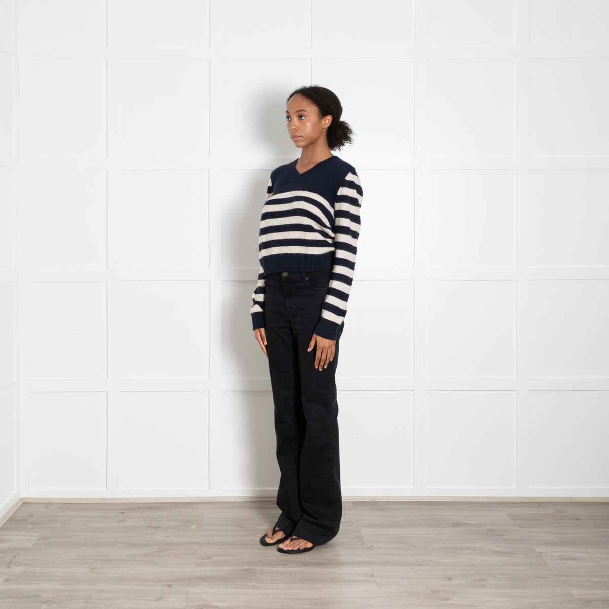Jumper 1234 Navy Blue Cream Stripe Cashmere V Neck Jumper