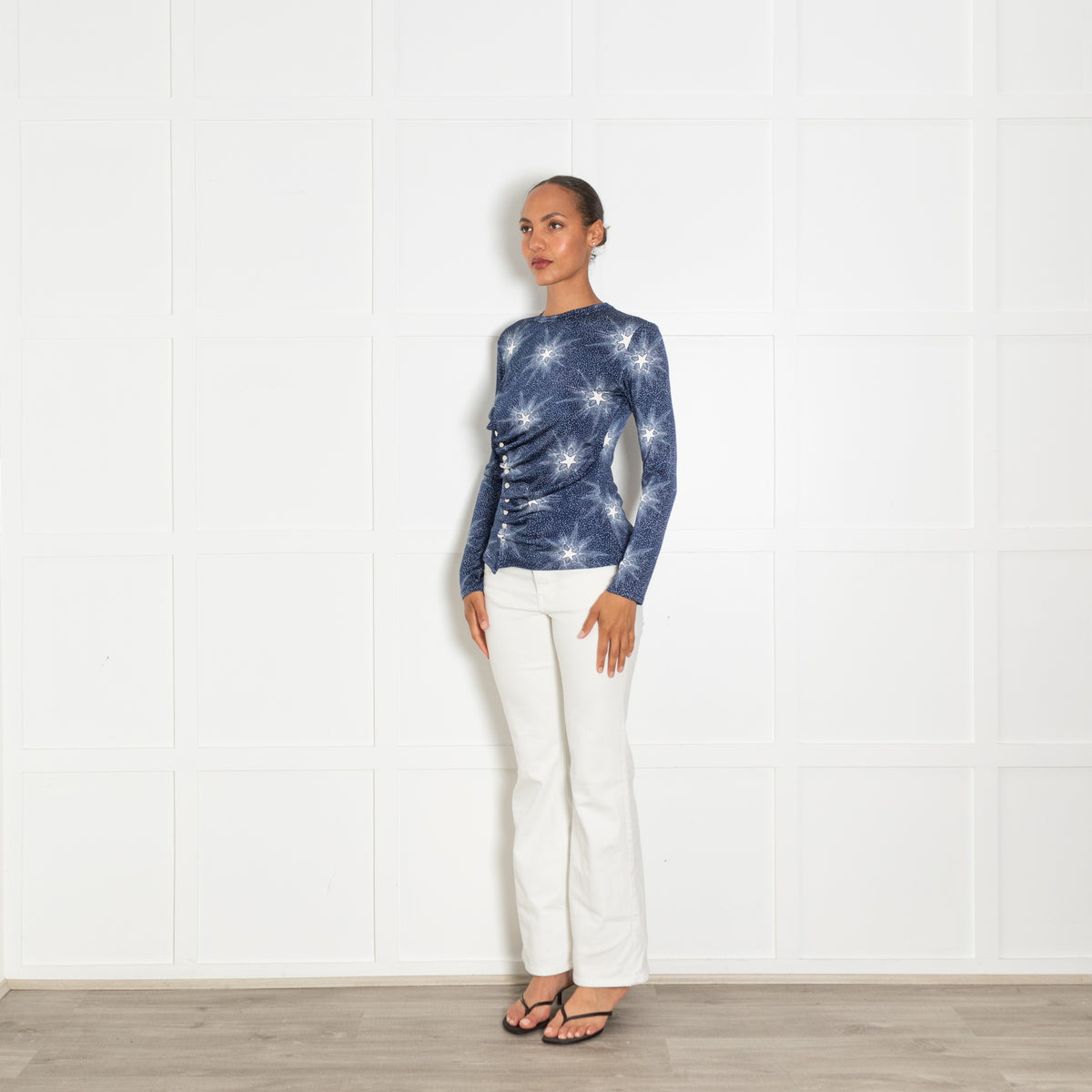 Paco Rabanne Blue White Star Print Ruched Top