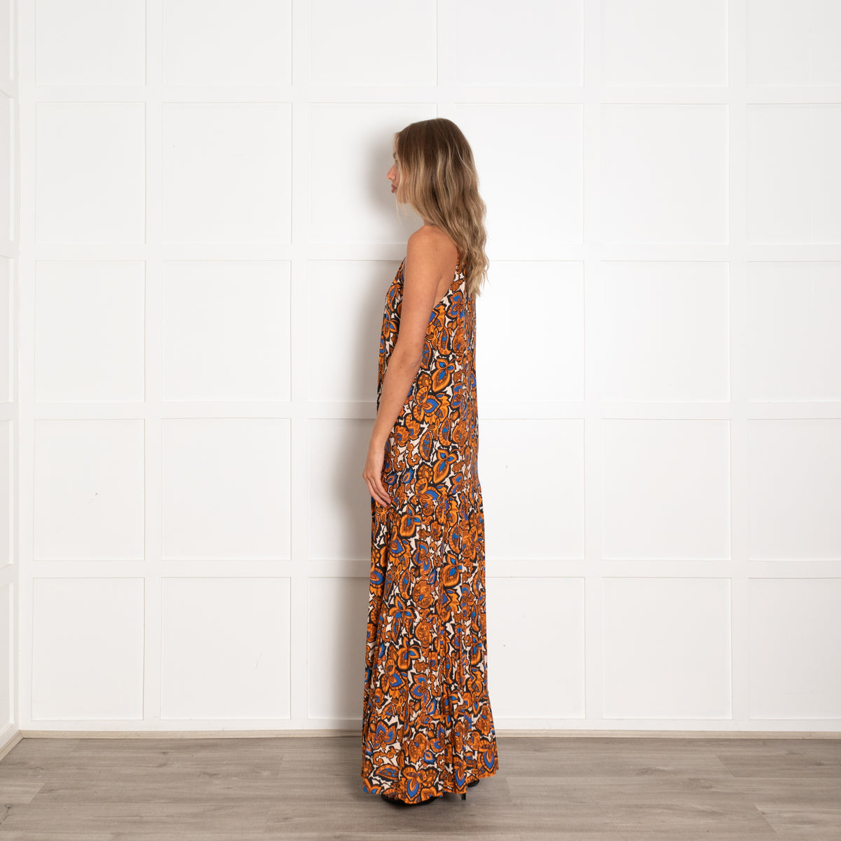 Baukjen Orange and Blue Floral Motif Halter Dress