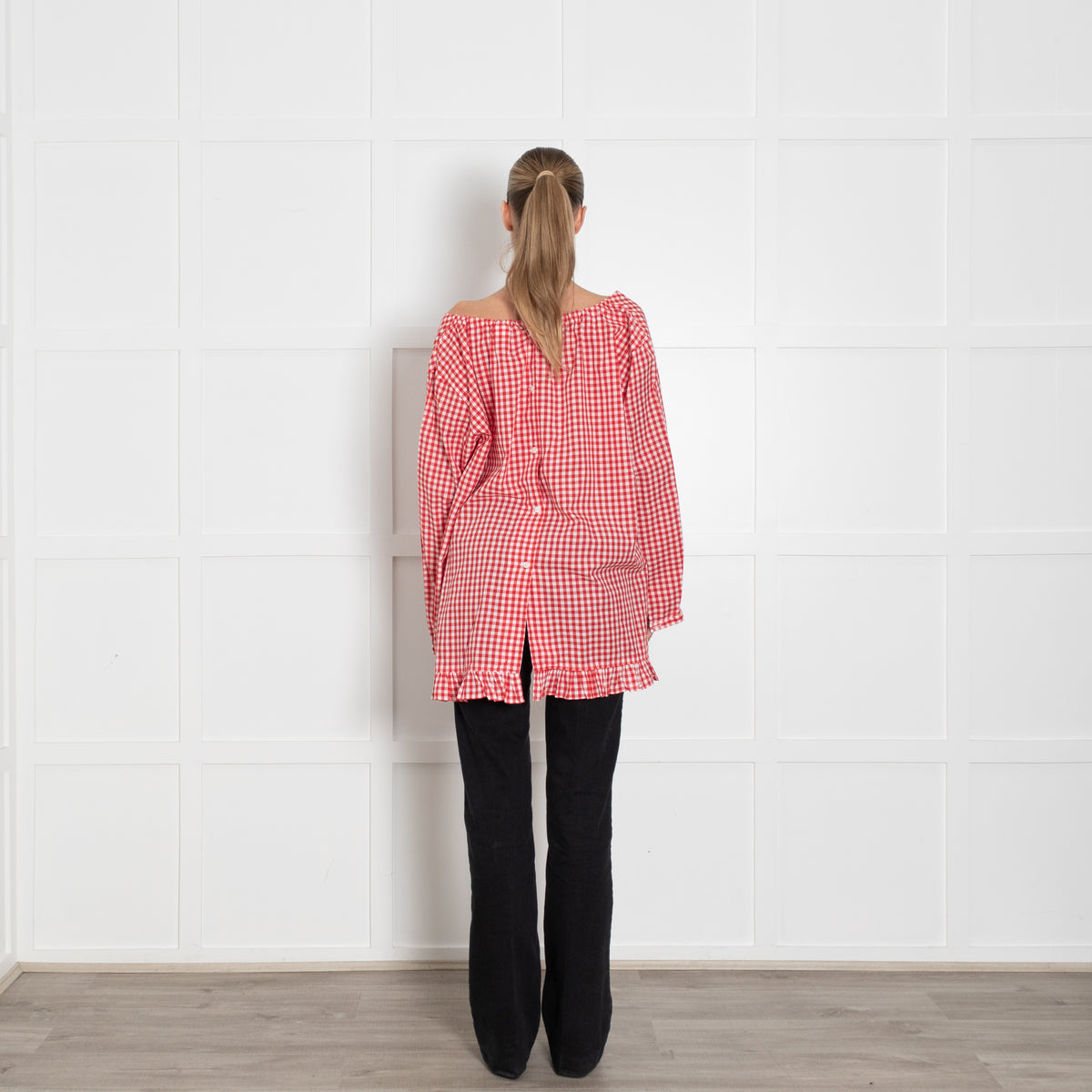 Comme des Garcons Girl Red & White Gingham L/Slv Oversized Top With Frill Hem & Button Back