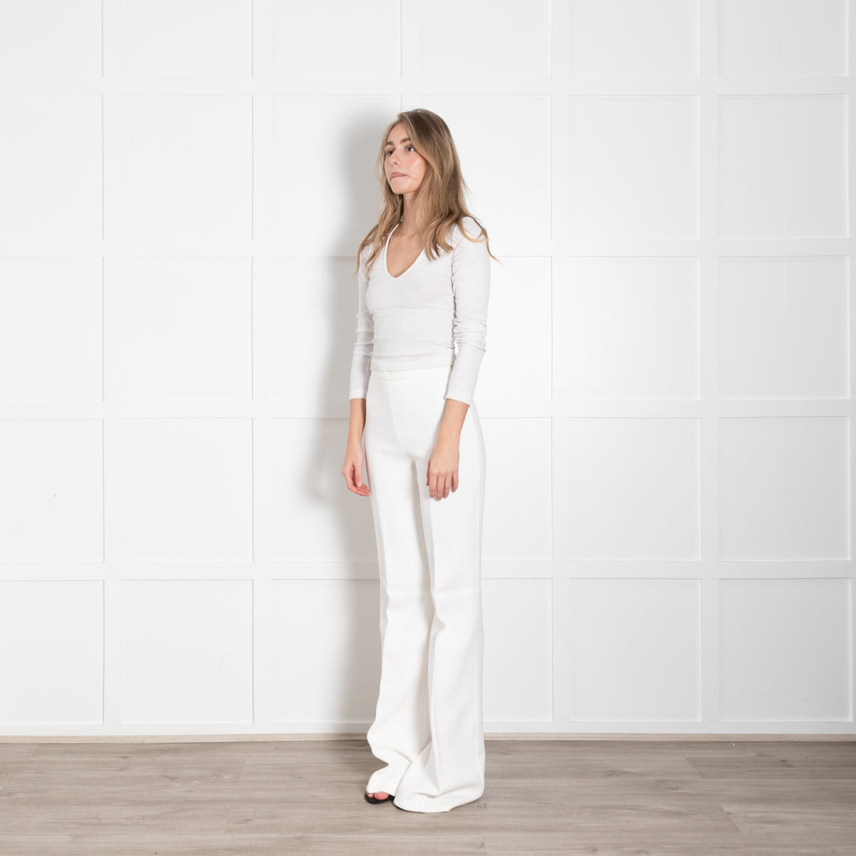 Podeny White Flared Leg Wool Blend Trousers