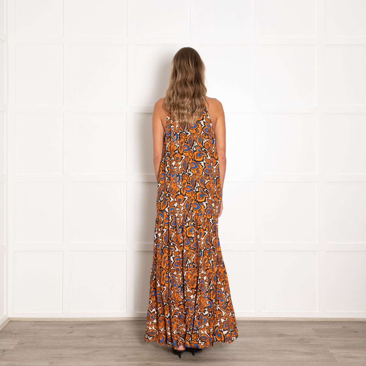 Baukjen Orange and Blue Floral Motif Halter Dress