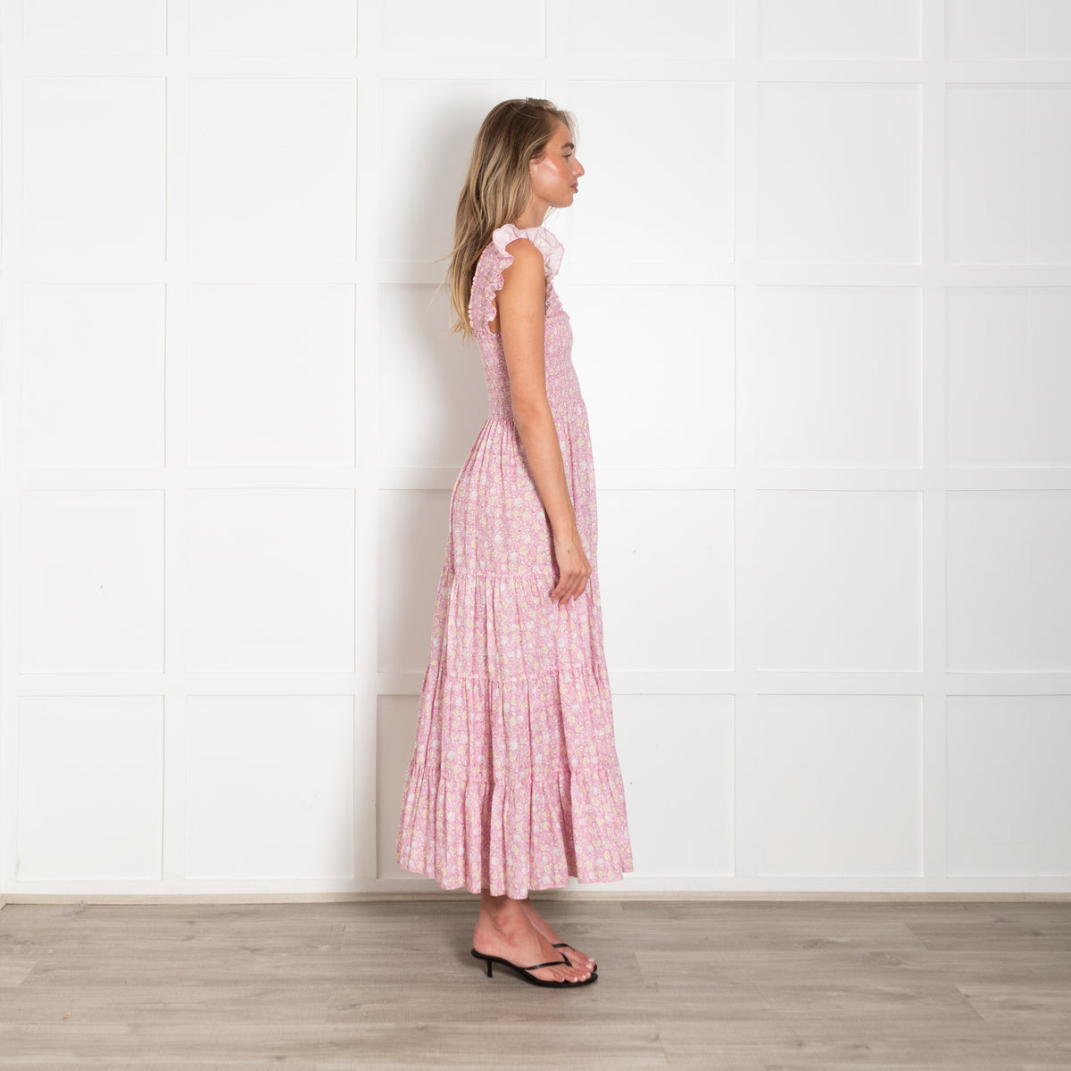 Rixo Pink Floral Smocked Tiered Cotton Dress