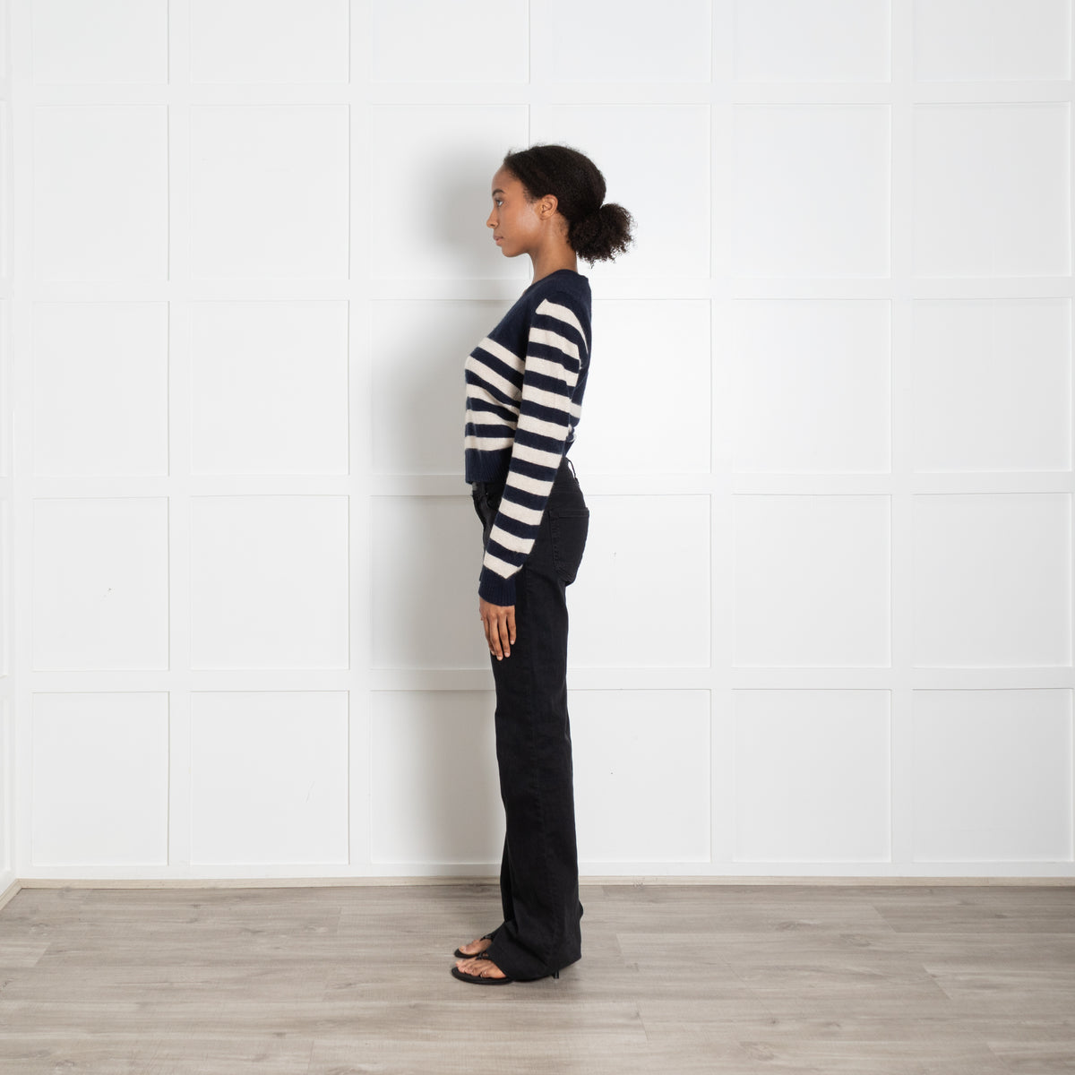Jumper 1234 Navy Blue Cream Stripe Cashmere V Neck Jumper