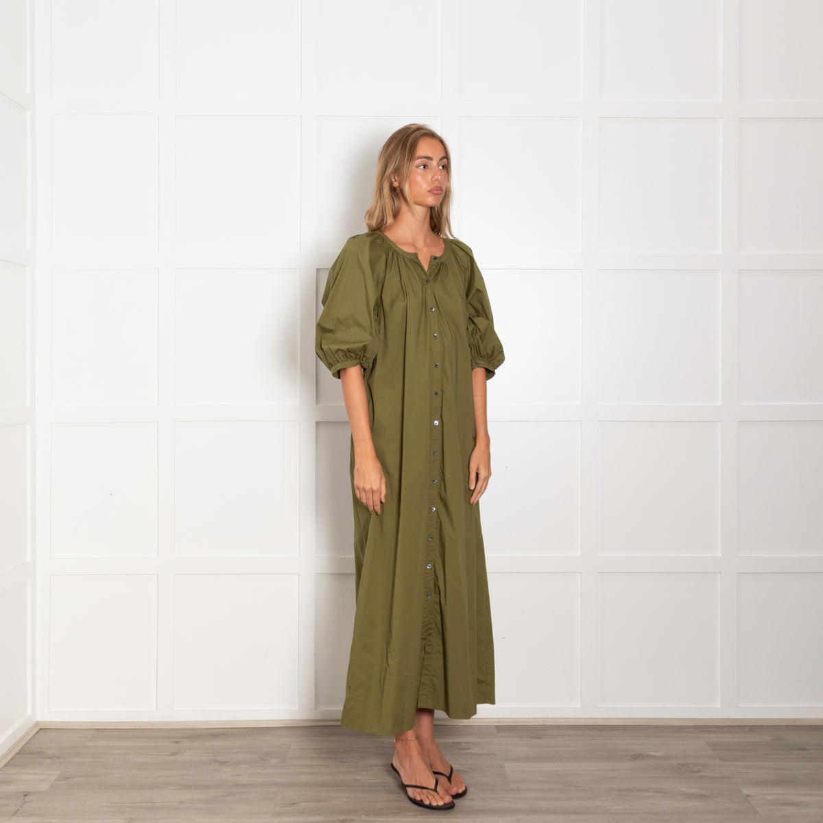Staud Green Cotton Puff Sleeve Maxi Dress