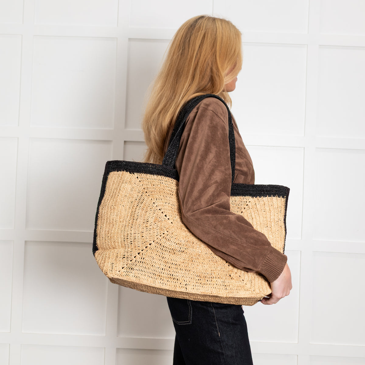 Me + Em Soft Black & Beige Raffia Tote