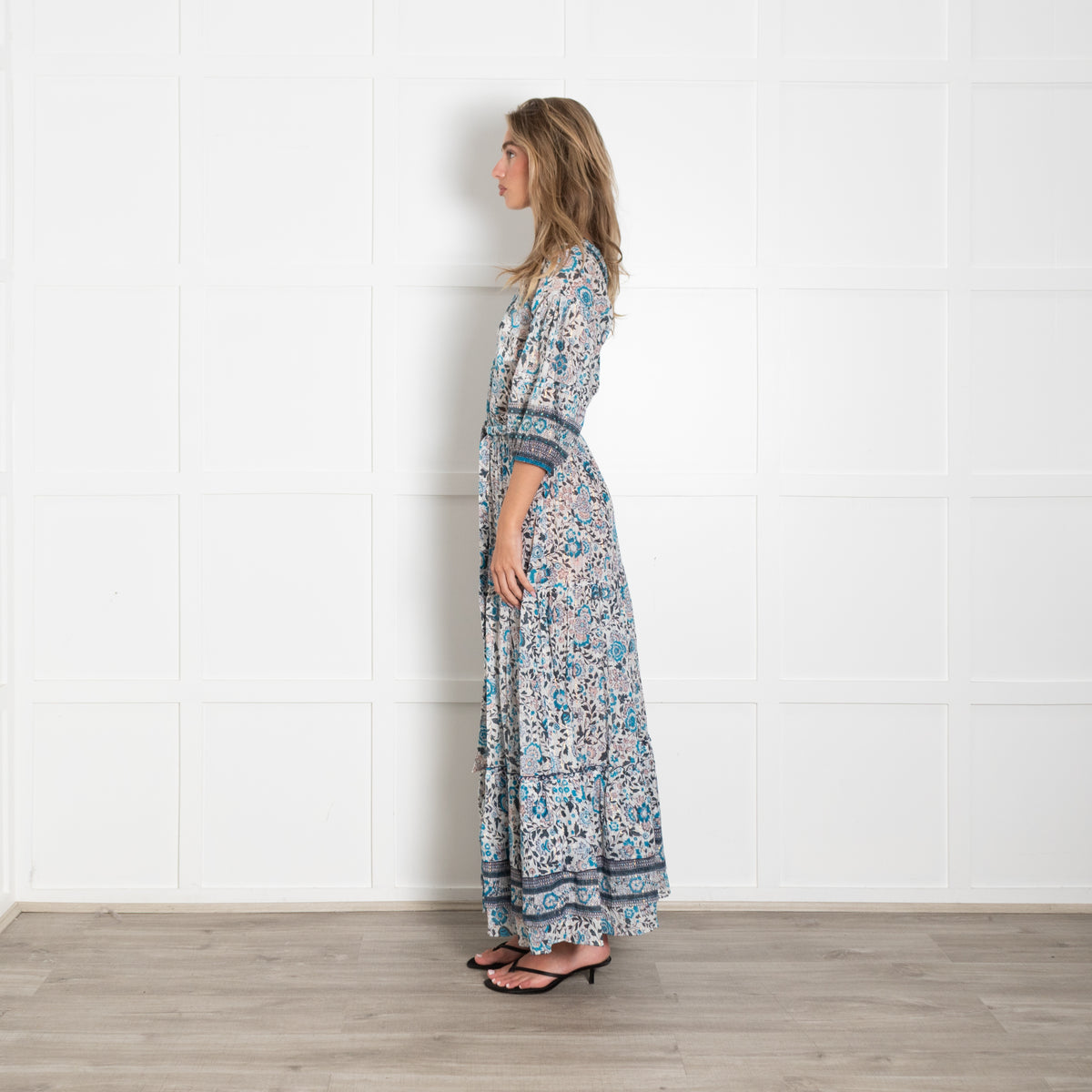 Poupette St Barth White Blue Floral Gold Lurex Stripe Maxi Dress