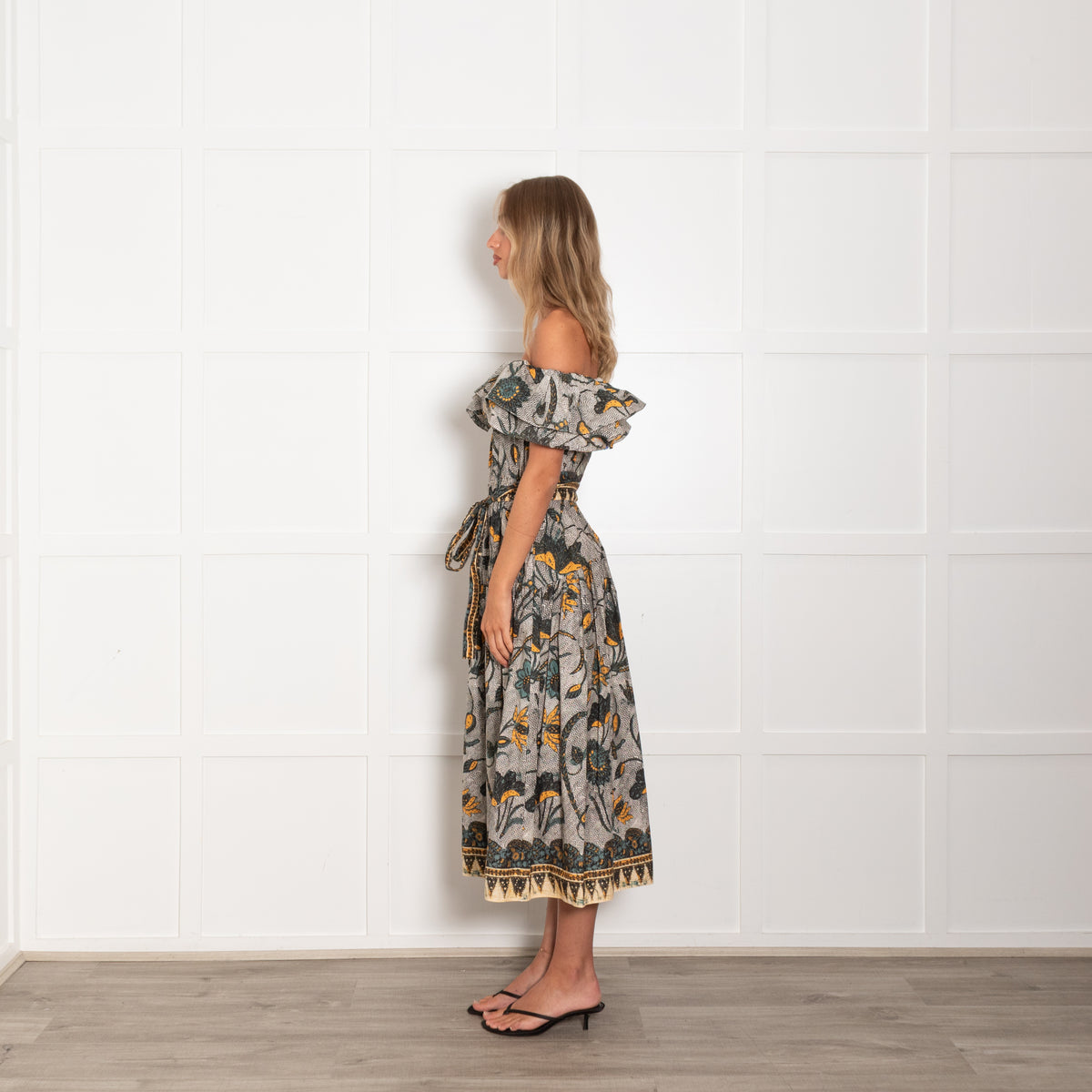 Ulla Johnson White Green Yellow Floral Off The Shoulder Ruffle Dress