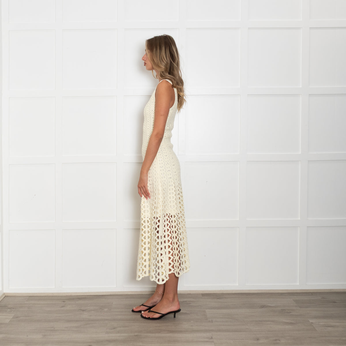Maje Butter Yellow Crochet Crystal Midi Dress