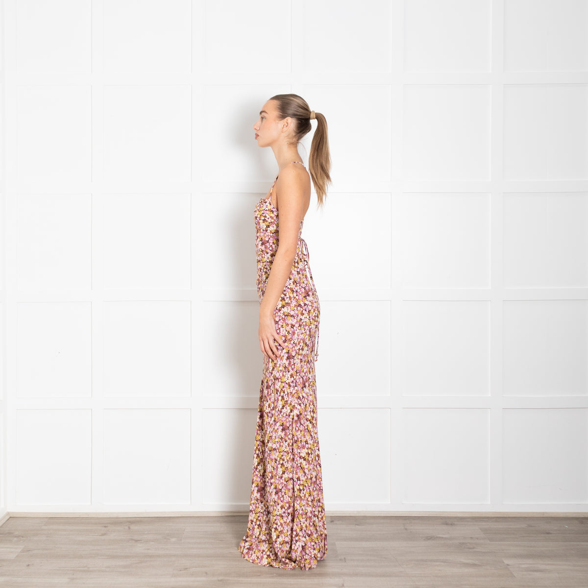 Faithfull The Brand Pink Brown Yellow Floral Maxi Dress With Lace Up Back