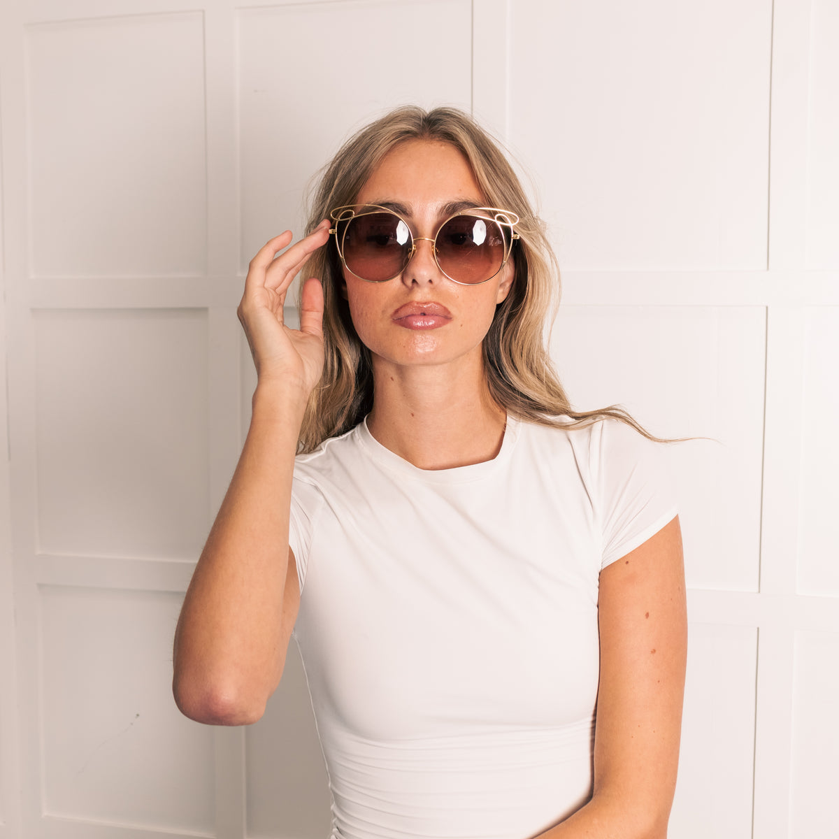 Linda Farrow Gold Titanium Cateye Sunglasses with Brown Lenses