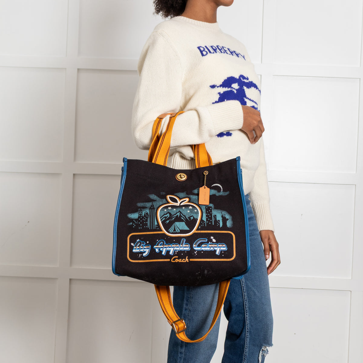 Coach Black Blue Big Apple Camp Print Canvas Tote Bag