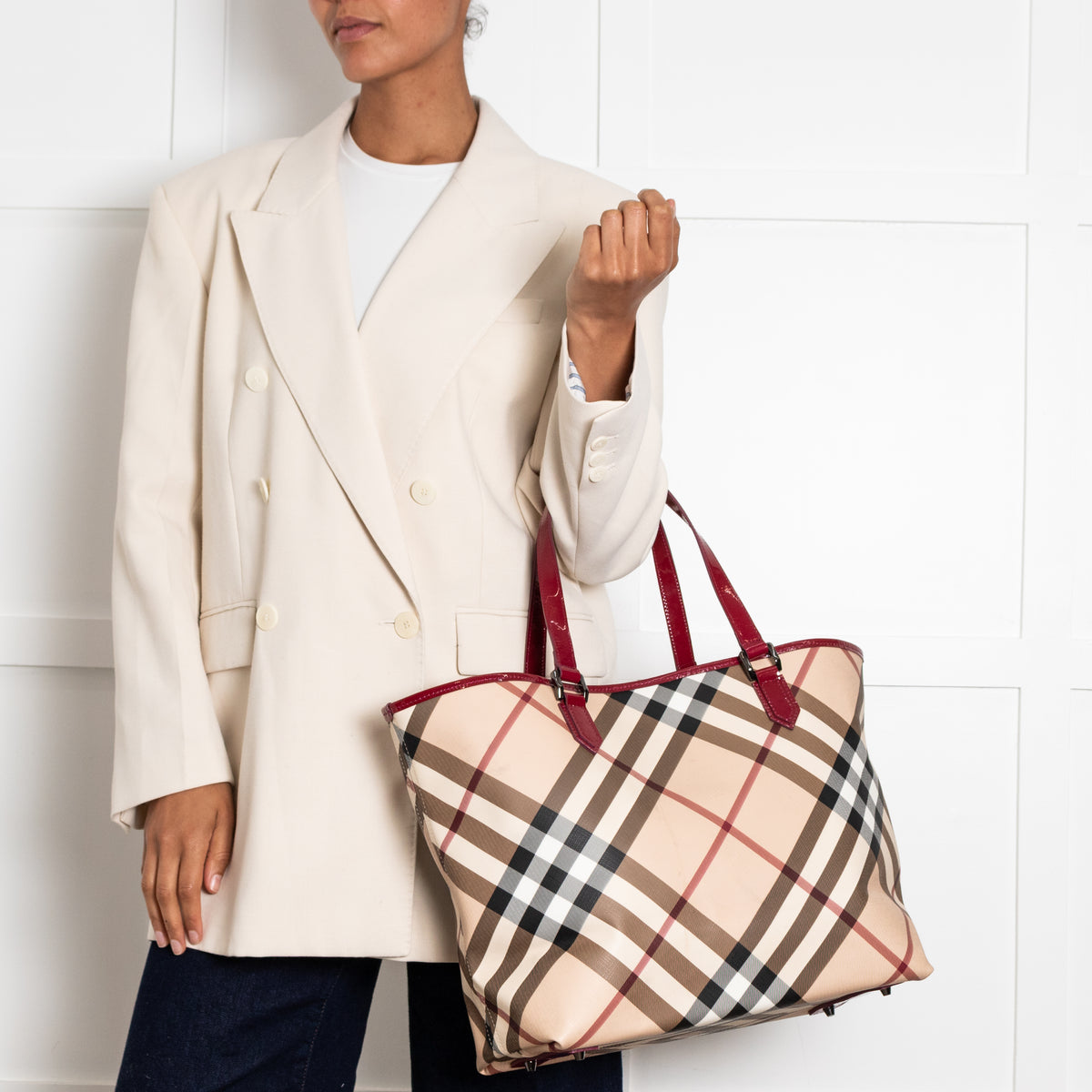 Burberry Nova Check Tote Bag with Red Patent Handles