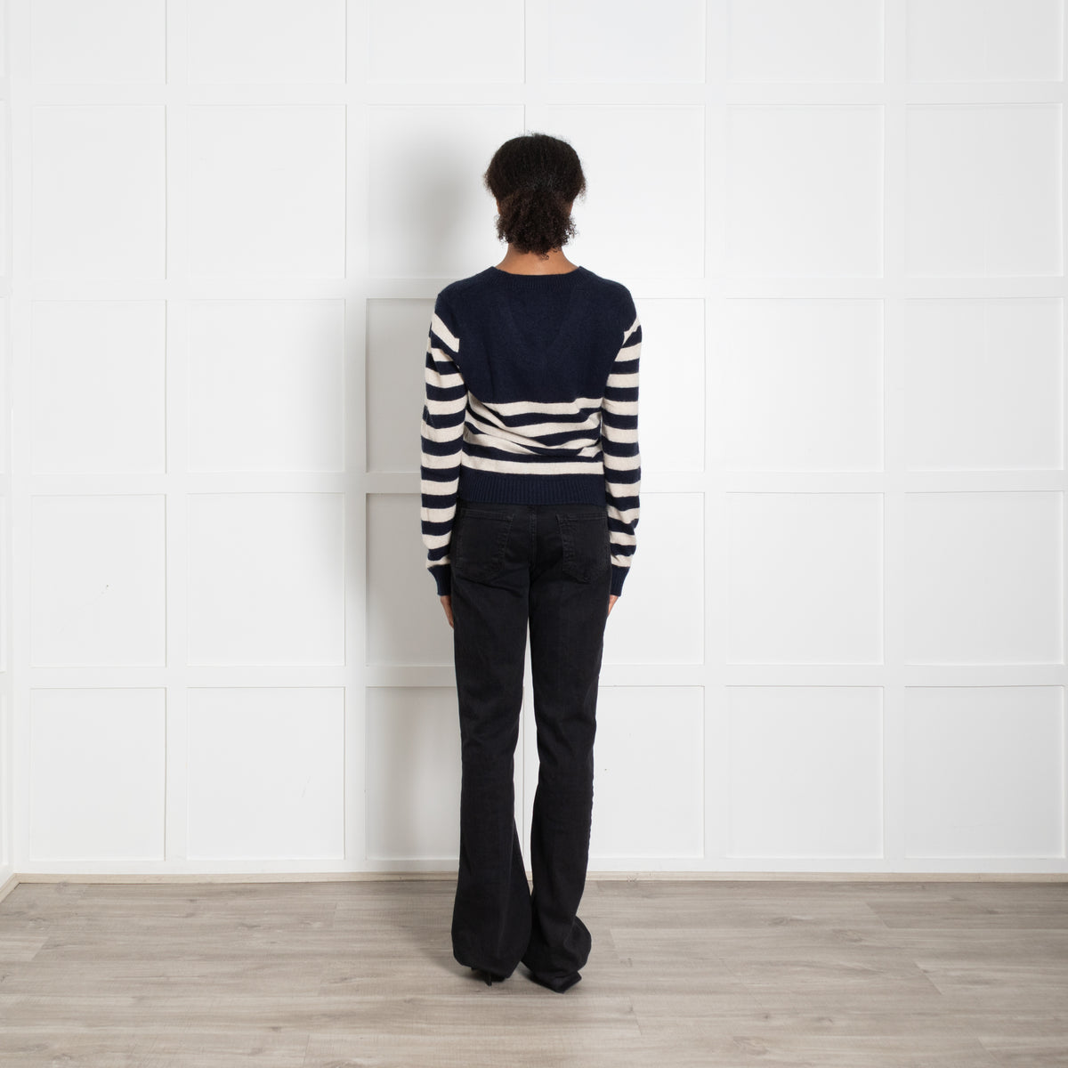 Jumper 1234 Navy Blue Cream Stripe Cashmere V Neck Jumper