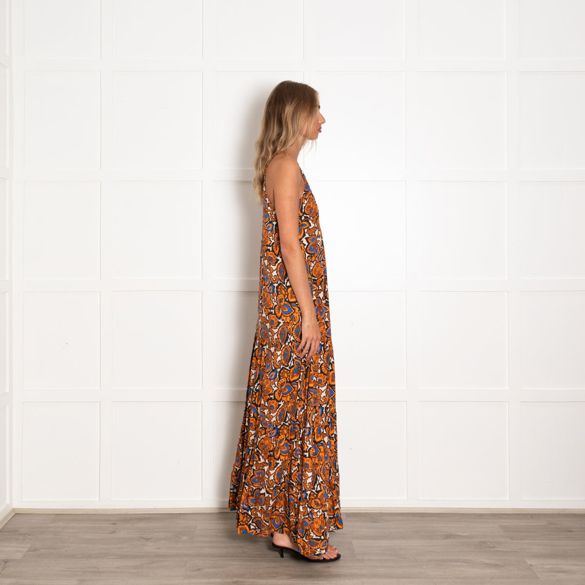 Baukjen Orange and Blue Floral Motif Halter Dress