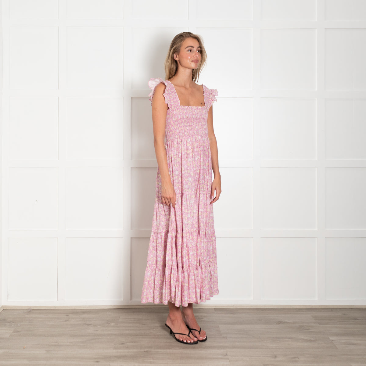 Rixo Pink Floral Smocked Tiered Cotton Dress