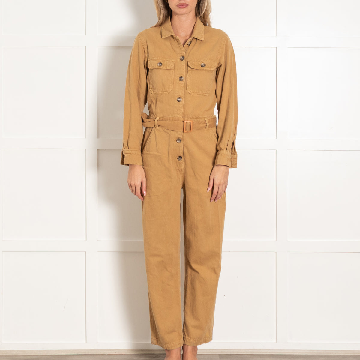 Reformation Jeans Tan Belted Denim Boiler Suit