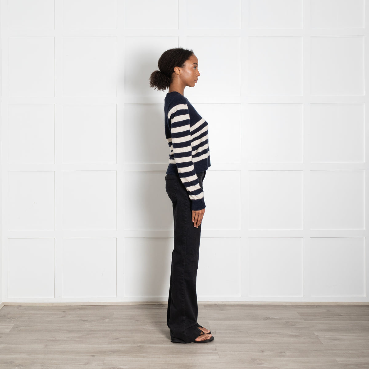 Jumper 1234 Navy Blue Cream Stripe Cashmere V Neck Jumper