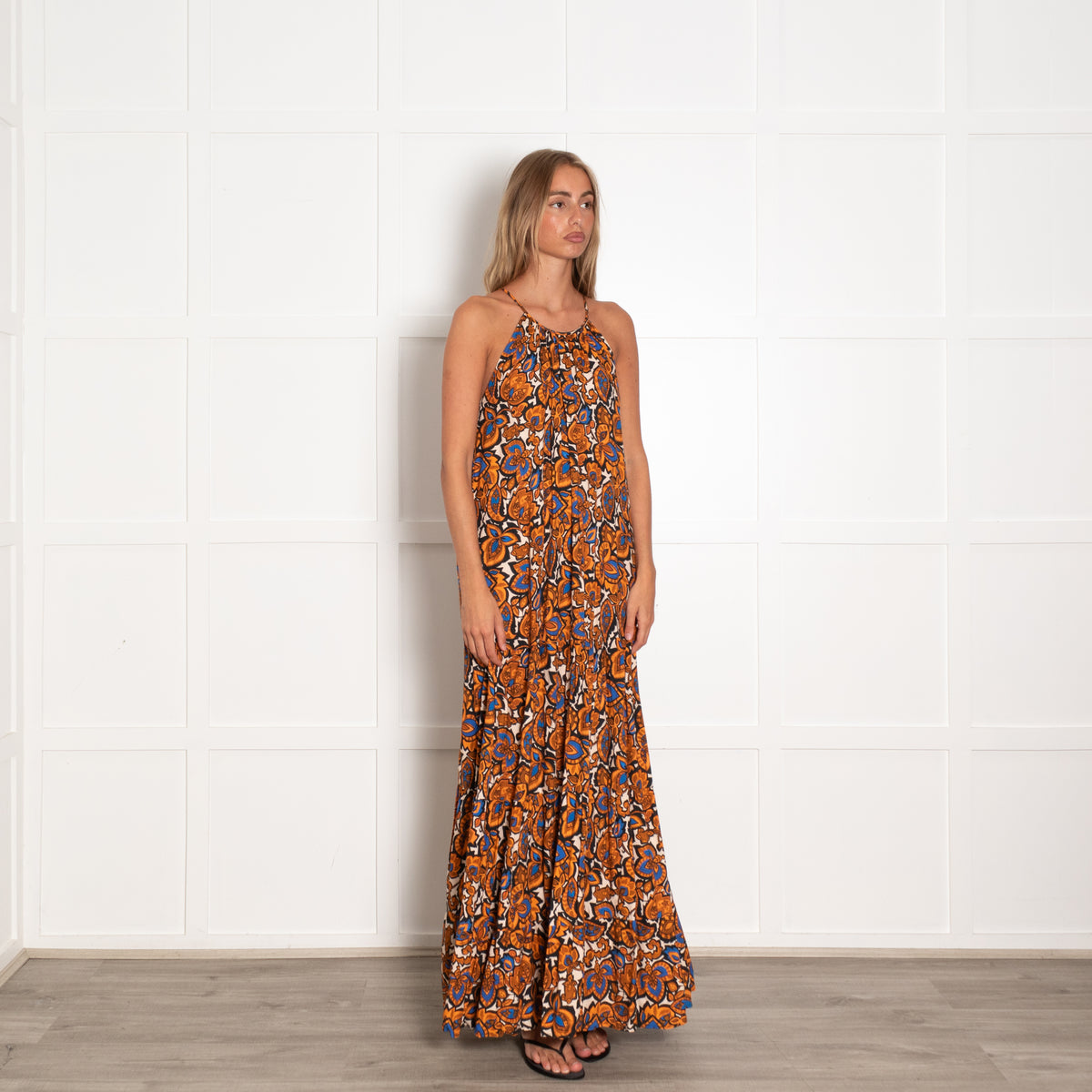Baukjen Orange and Blue Floral Motif Halter Dress