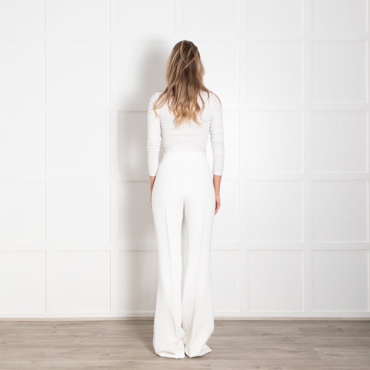 Podeny White Flared Leg Wool Blend Trousers