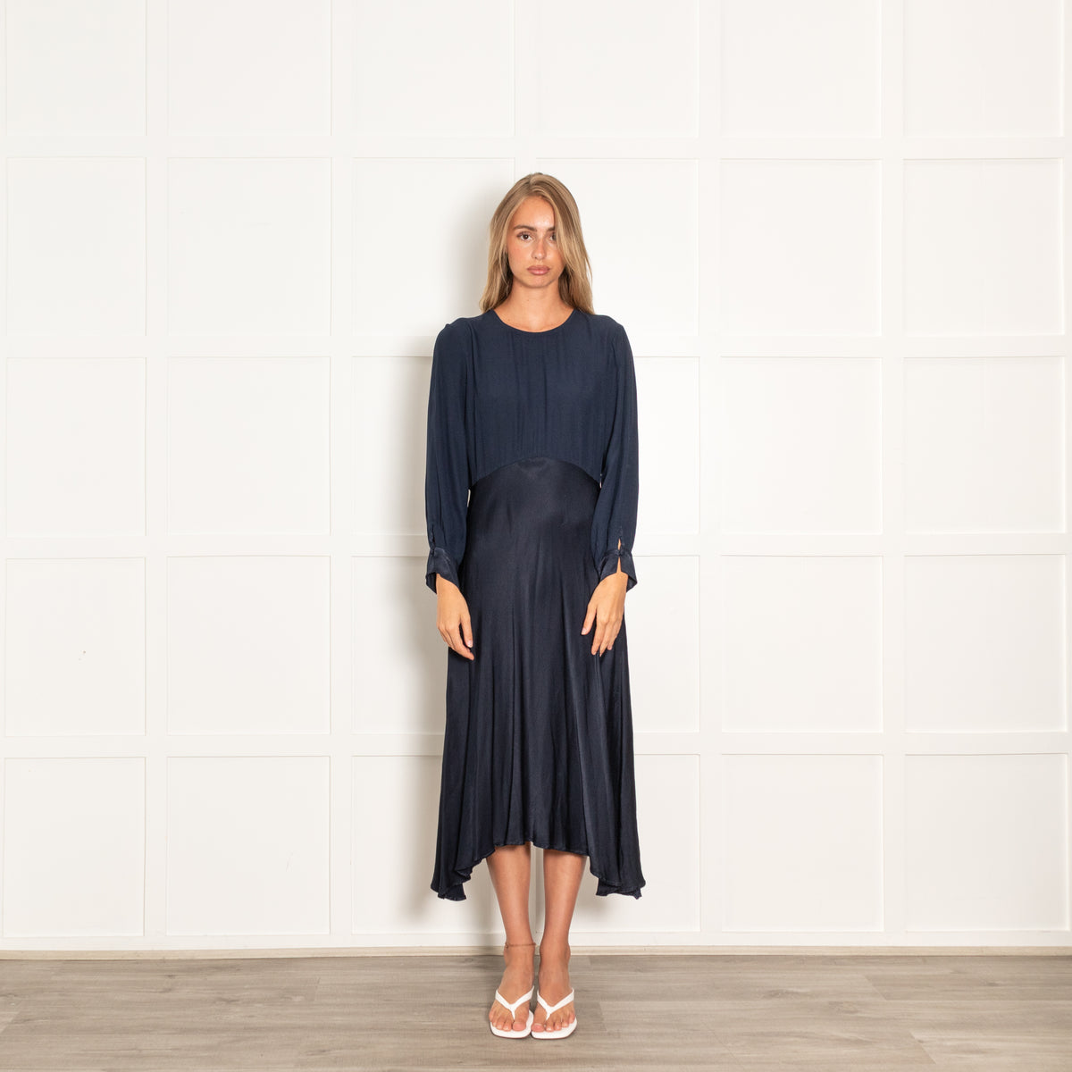 Ghost Navy Draped Midi Dress