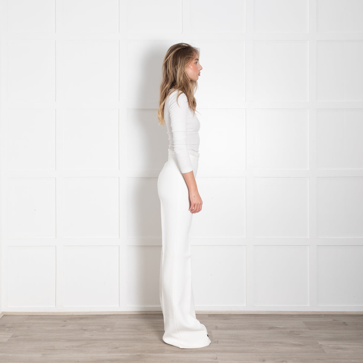 Podeny White Flared Leg Wool Blend Trousers