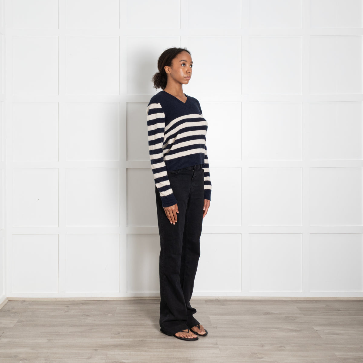 Jumper 1234 Navy Blue Cream Stripe Cashmere V Neck Jumper