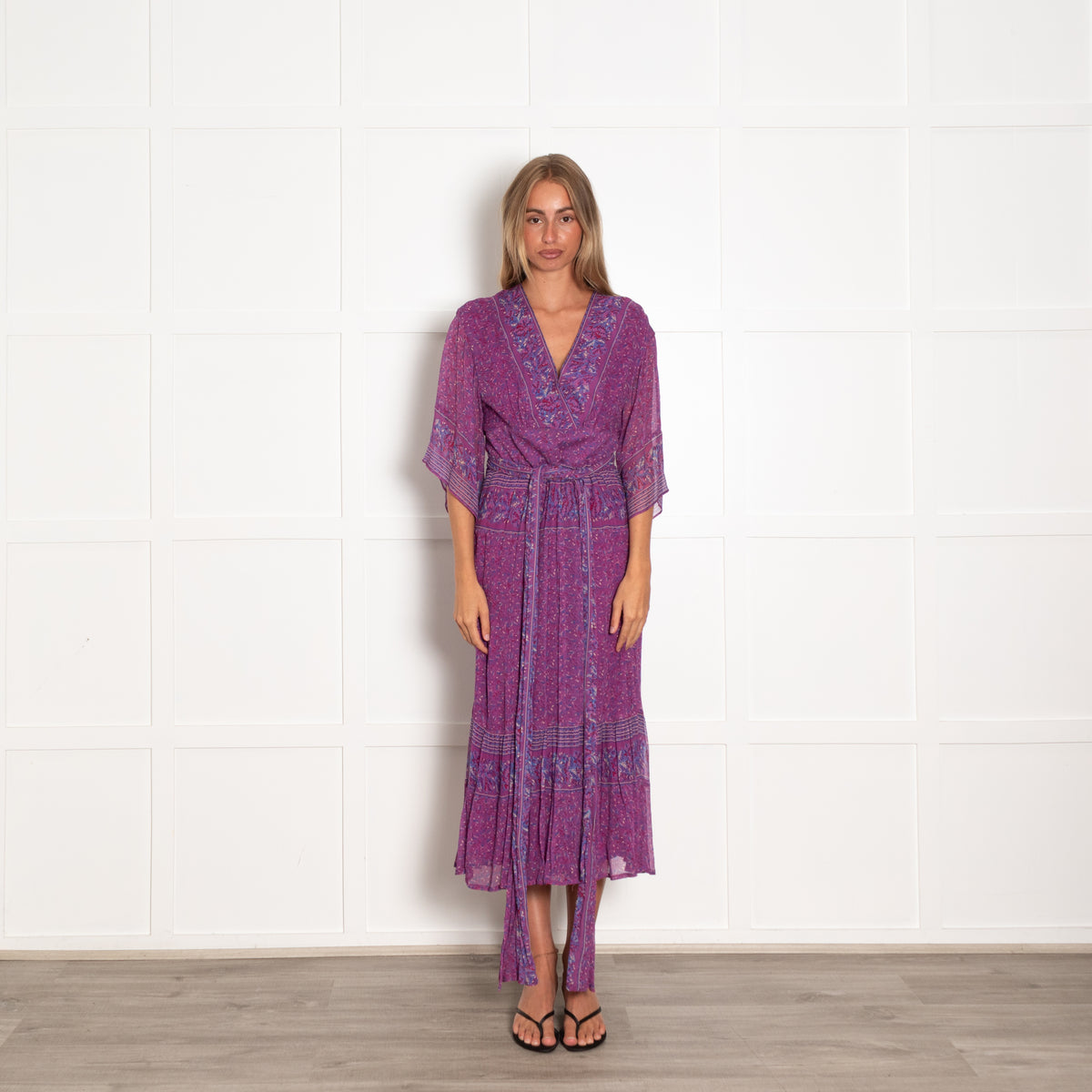 Ba&sh Purple Patterned Deep V Tie Waist Midi Dress