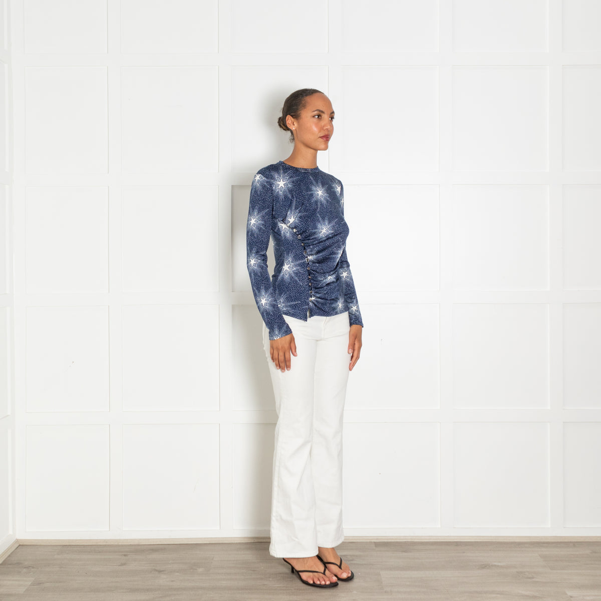 Paco Rabanne Blue White Star Print Ruched Top