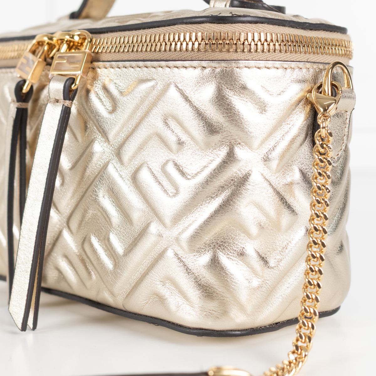 Fendi Platinum Soft Gold FF Leather Mini Vanity Bag