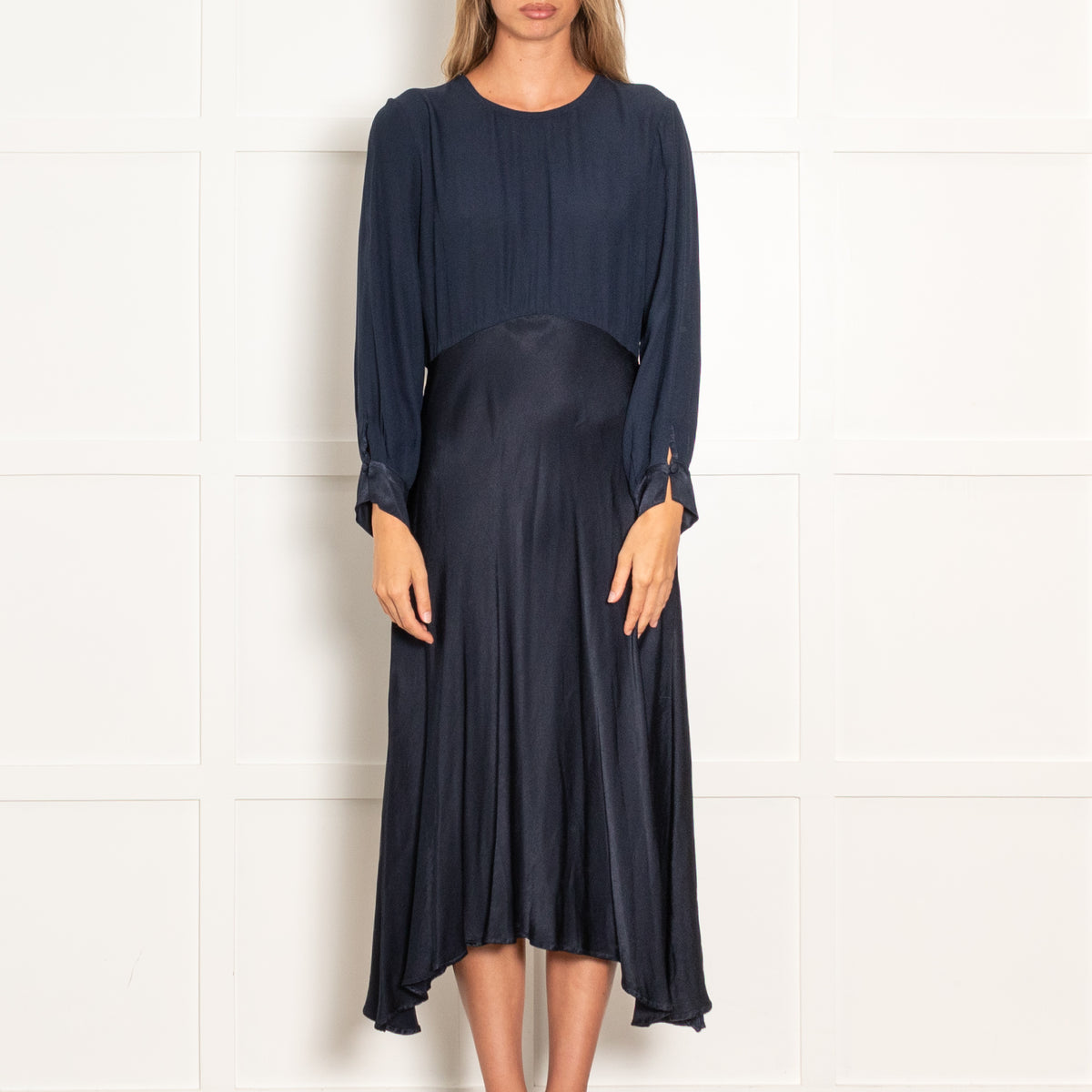 Ghost Navy Draped Midi Dress