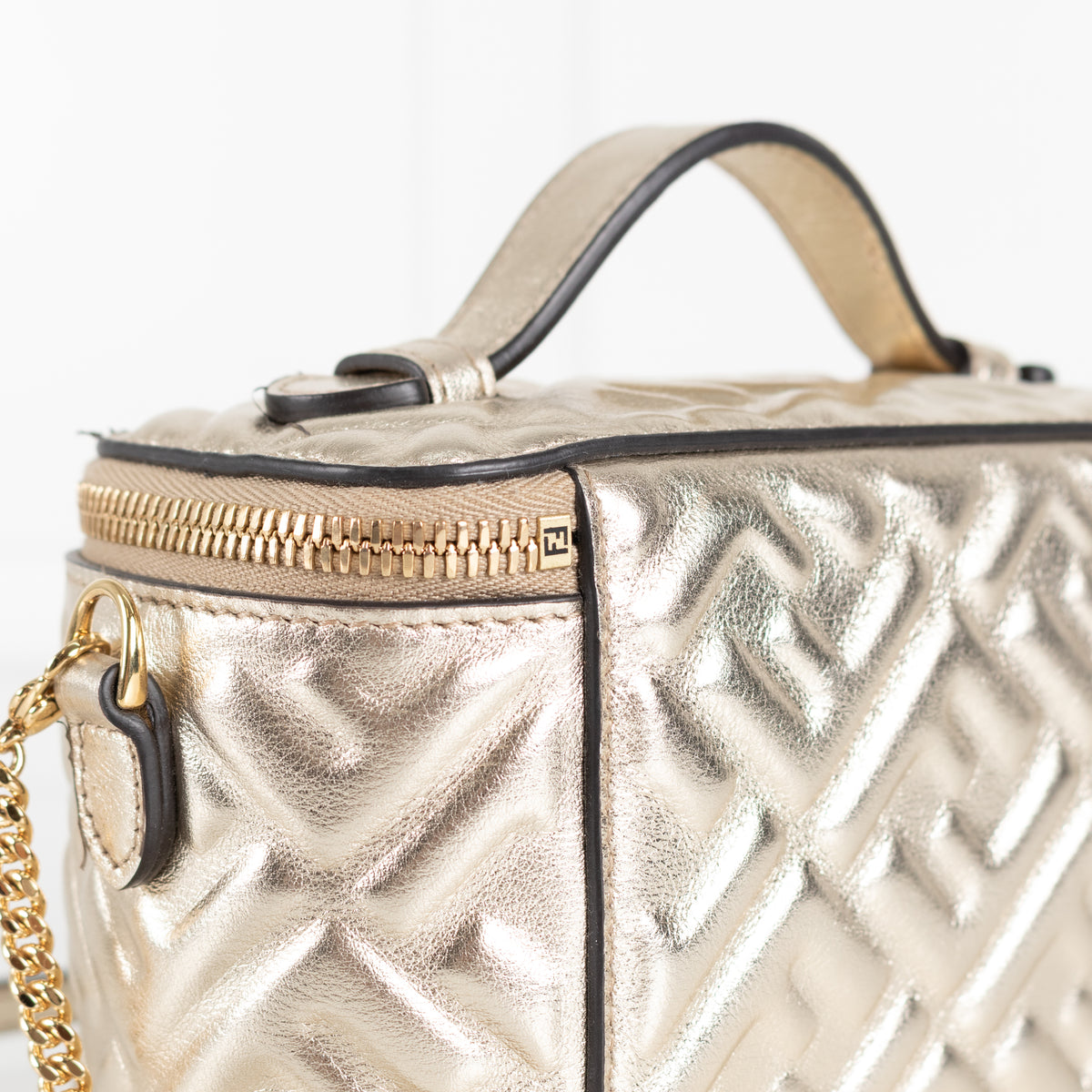 Fendi Platinum Soft Gold FF Leather Mini Vanity Bag
