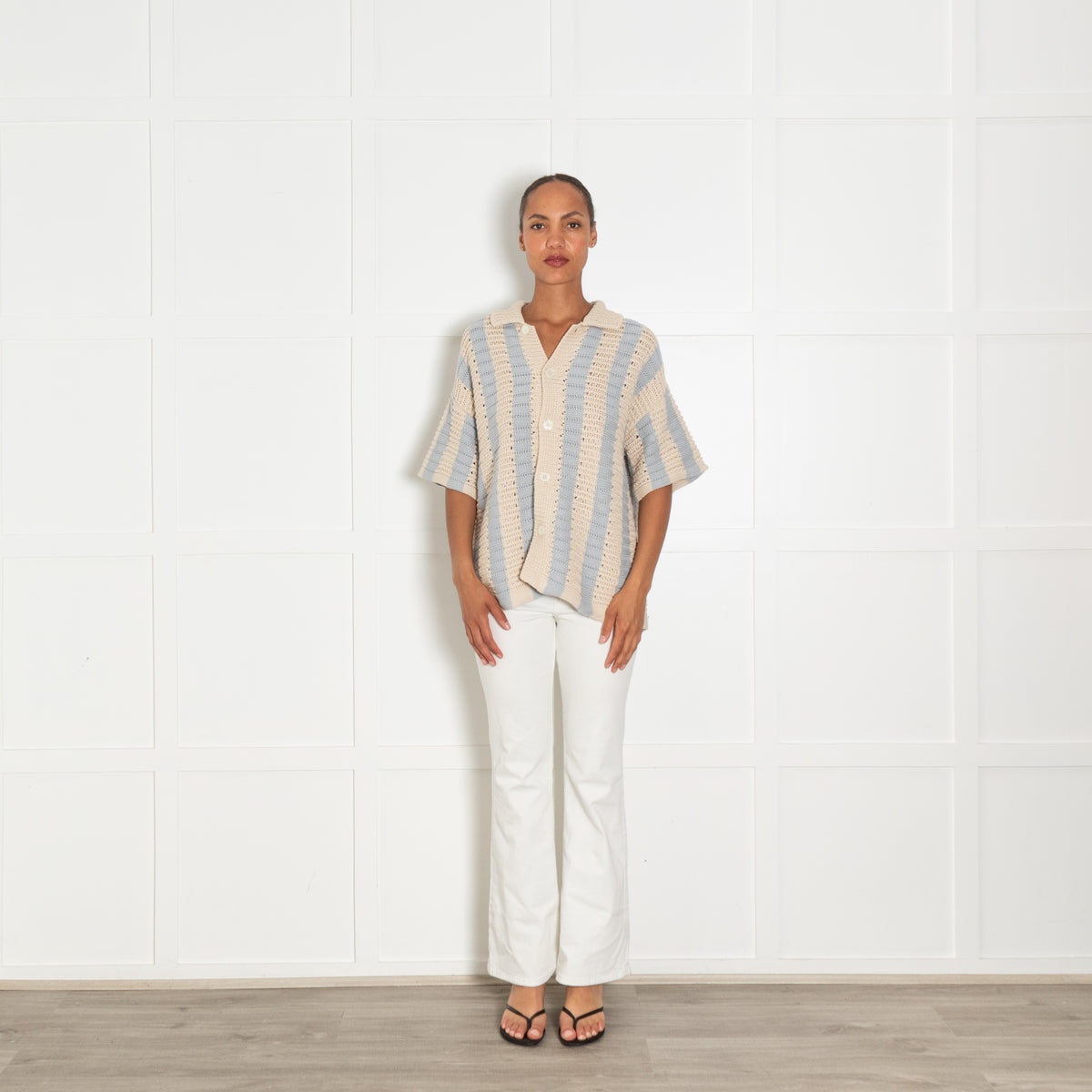 Orlebar Brown Light Beige Blue Stripes Cotton Oversized Cardigan