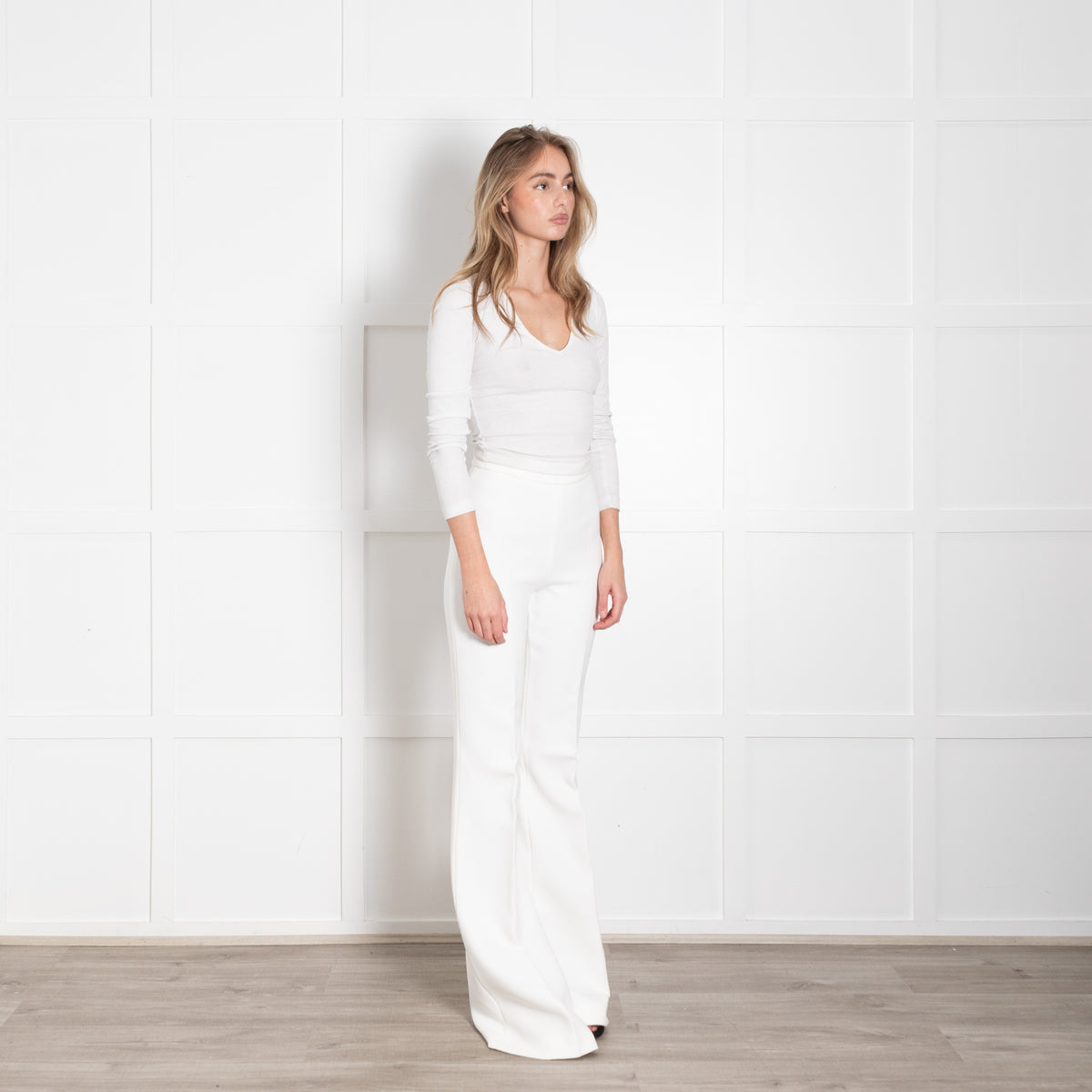 Podeny White Flared Leg Wool Blend Trousers