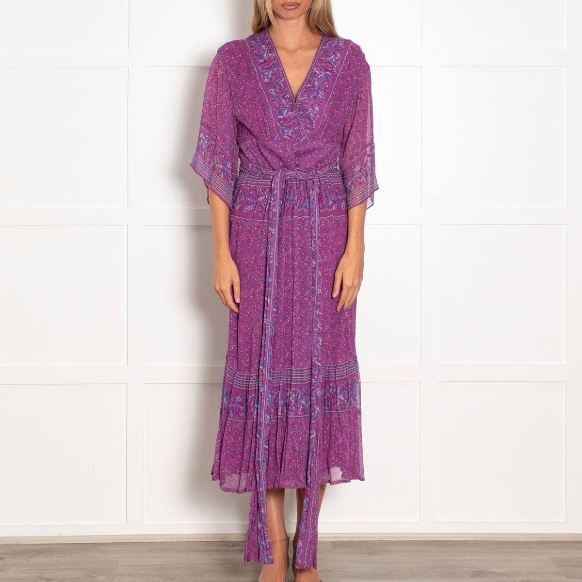 Ba&sh Purple Patterned Deep V Tie Waist Midi Dress