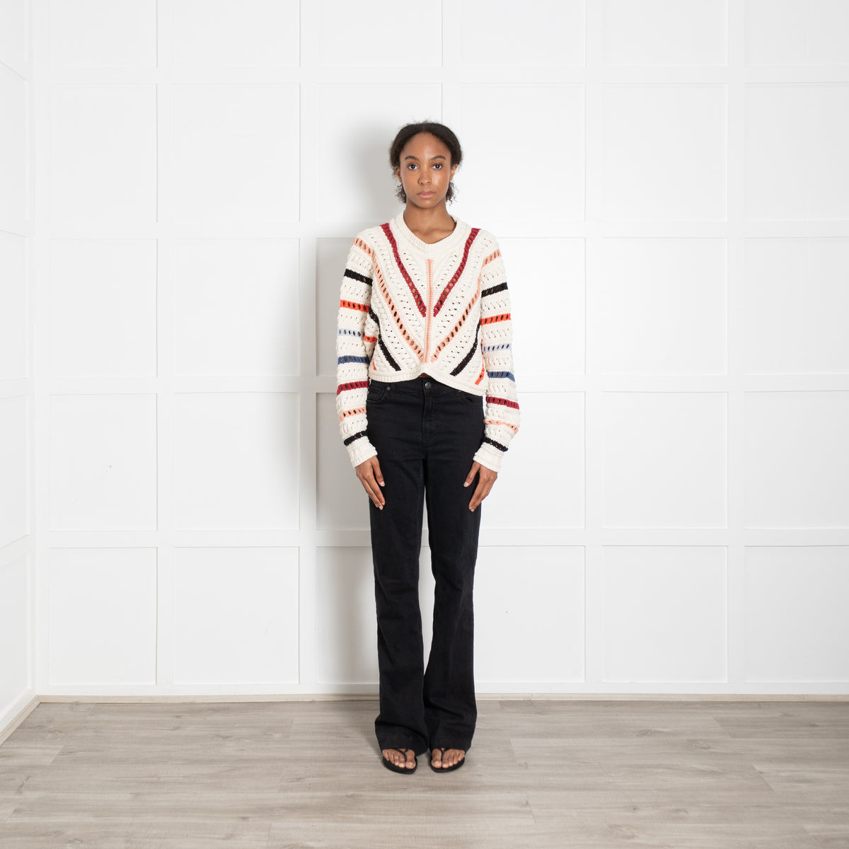Ba & Sh Cream Multi Chevron Stripe Crochet Knit Bag Wing Jumper
