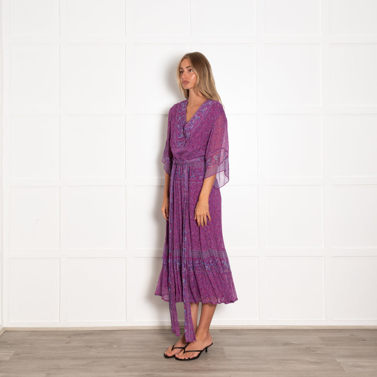 Ba&sh Purple Patterned Deep V Tie Waist Midi Dress