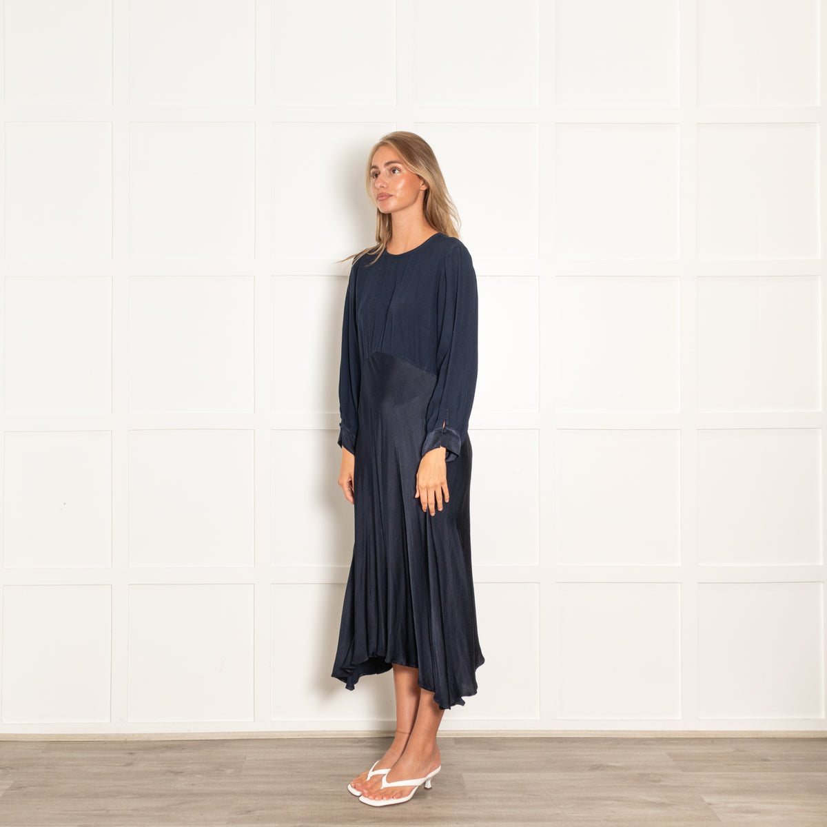 Ghost Navy Draped Midi Dress