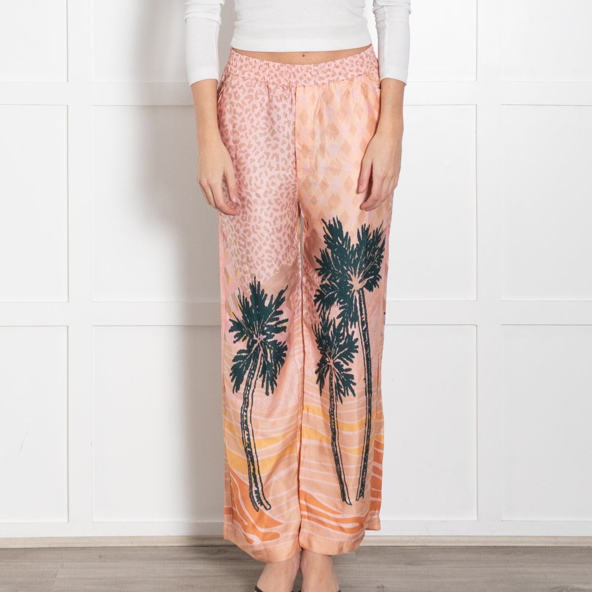 Me369 Peach Green Palm Tree Print Trousers
