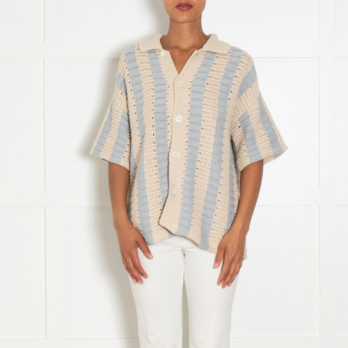 Orlebar Brown Light Beige Blue Stripes Cotton Oversized Cardigan