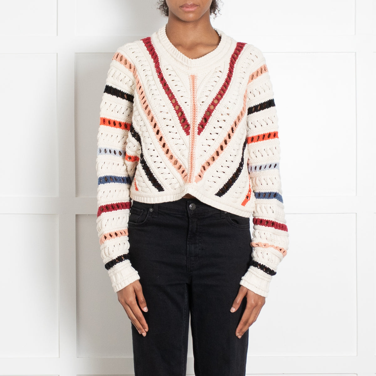 Ba & Sh Cream Multi Chevron Stripe Crochet Knit Bag Wing Jumper