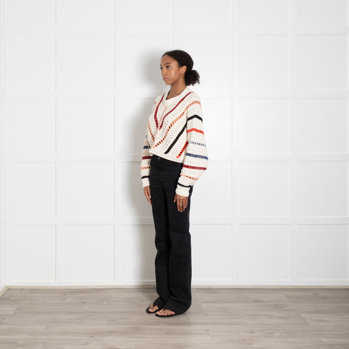 Ba & Sh Cream Multi Chevron Stripe Crochet Knit Bag Wing Jumper