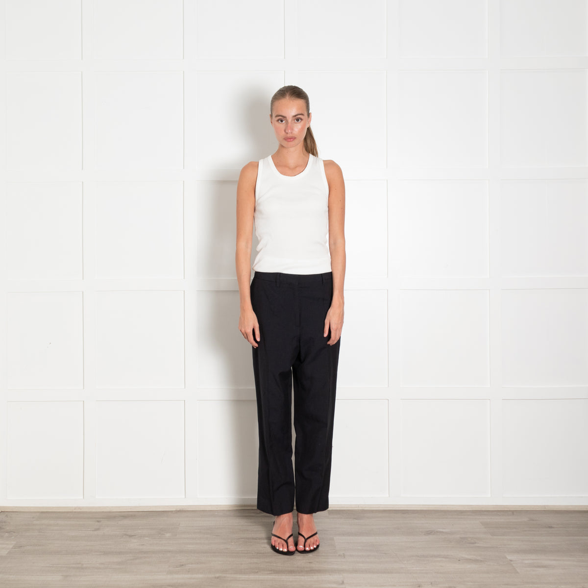 Margaret Howell Navy Straight Leg Wool Linen Blend Trousers